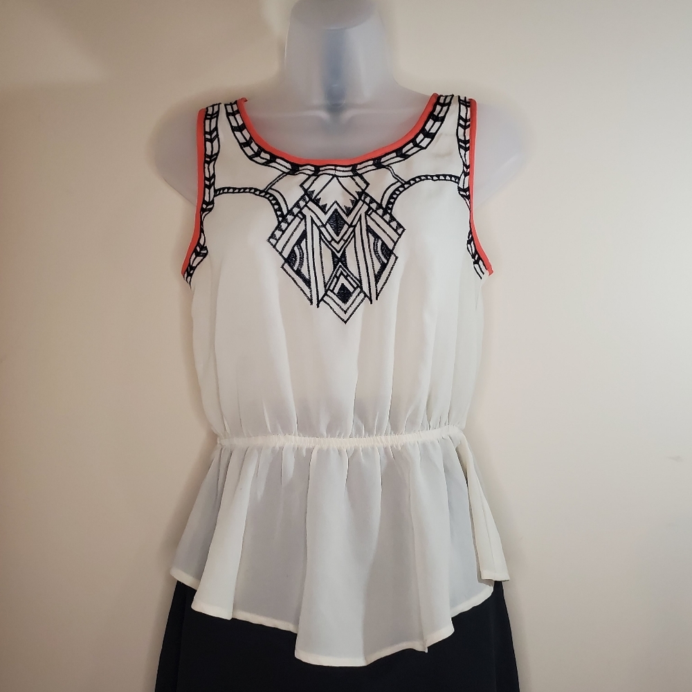 5/$25 EM Peplum Top Sheer Black Embroidery Coral Trim Junior Small